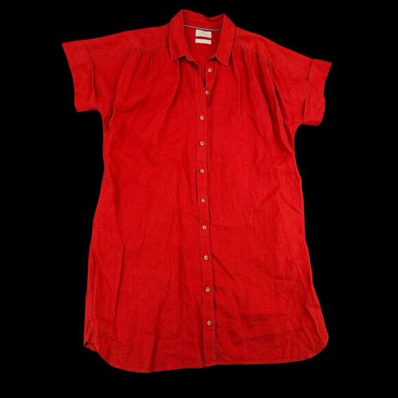 J. Crew Dresses & Skirts - J.Crew Linen Button Front Shirt Dress Womens L Red Relaxed Fit Pockets Resort